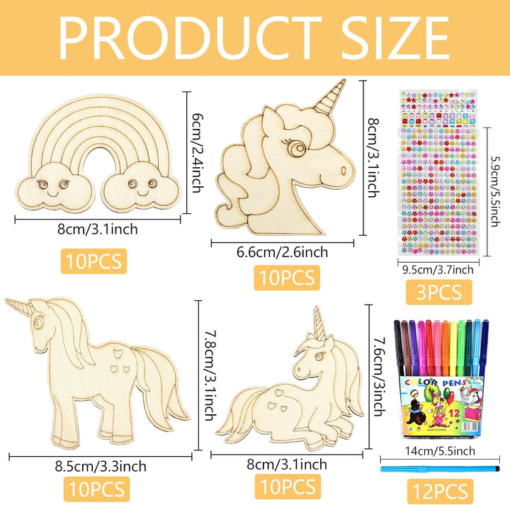 Einhorn Holz Bastelset 40 Stück Einhorn Holz Kindergeburtstag mit 12 Aquarellstiften + 3 Glitzeraufk