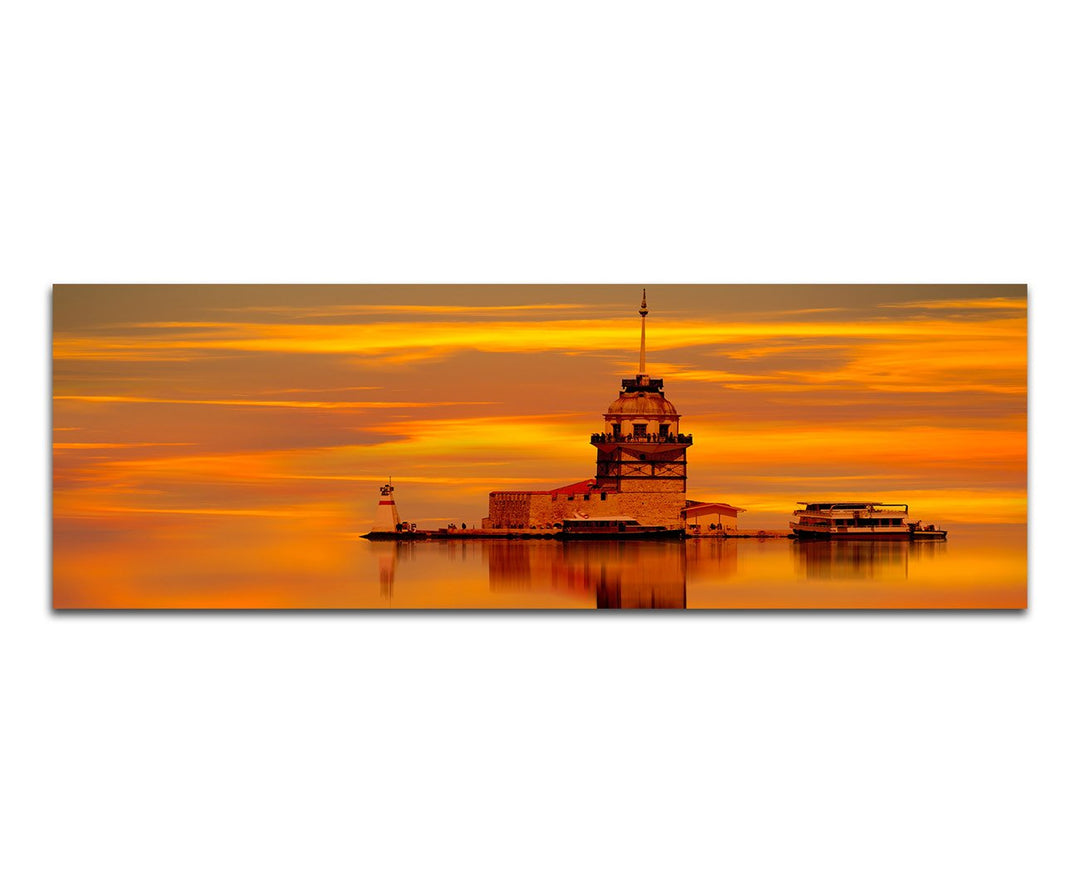 Paul Sinus Art Panoramabild auf Leinwand und Keilrahmen 150x50cm Istanbul Leuchtturm Sonnenuntergang