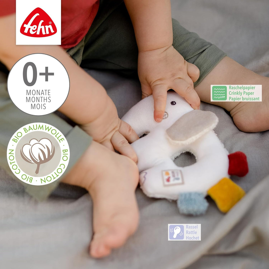 Fehn 056075 Ring-Greifling Elefant fehnNATUR – Bio-Babyspielzeug mit Rassel und Raschelpapier für Ba