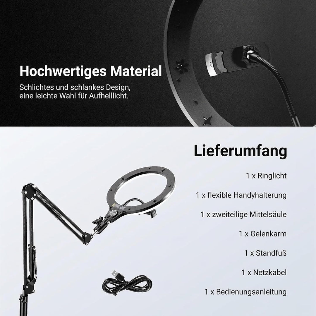 NEEWER Entry Level Version 10,5" 10W Ringlicht mit 46“-63" Stativ, Handyhalterung für Deckenmontage,