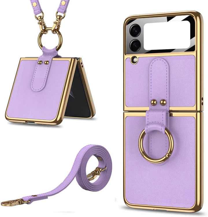 CeeEee Kompatibel mit Galaxy Z Flip 4 Hülle 5g 2022 Cover Klappbar Leder mit Ring und Umhängeriemen