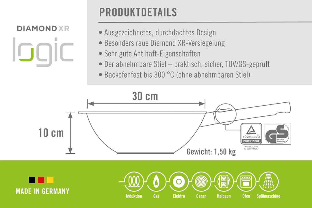Woll Diamond Logic XR Wok- und Rührpfanne - Induktiv -, Ø 30 cm, 10 cm hoch, mit abnehmbarem Stiel -