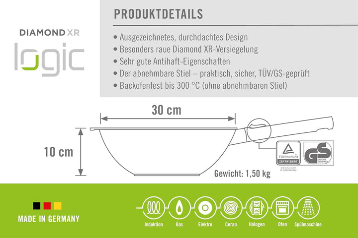 Woll Diamond Logic XR Wok- und Rührpfanne - Induktiv -, Ø 30 cm, 10 cm hoch, mit abnehmbarem Stiel -