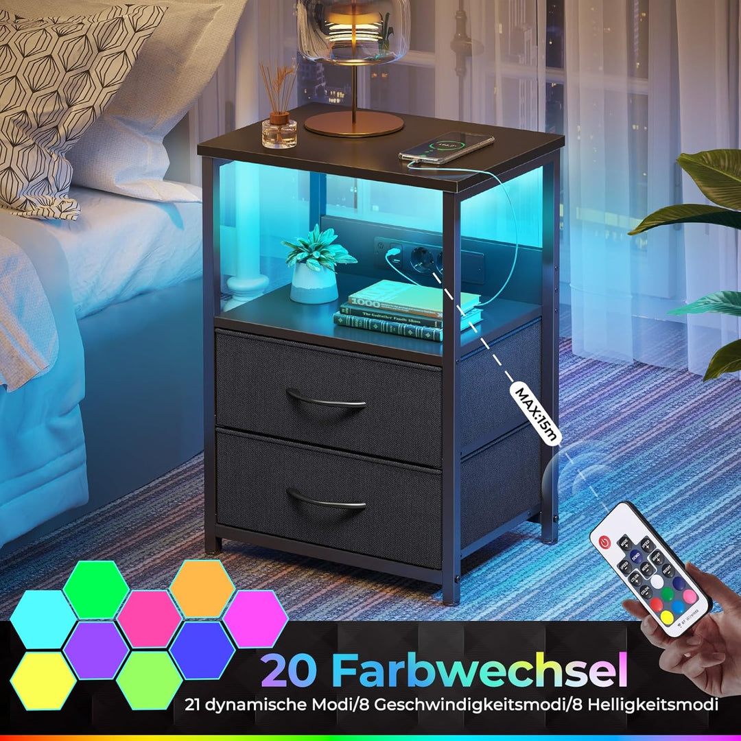 Rolanstar Nachttisch mit Ladefunktion, Beistelltisch mit LED-Leuchten, 2 Stoffschubladen & 3-stufige