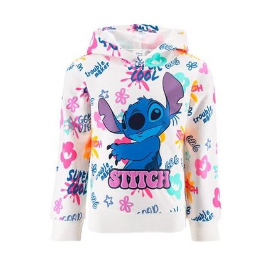 Disney Kinder Kapuzenpullover mit Stitch-Motiv, Bunter Allover-Print, Weiss mit Rosa und Blau, Freiz