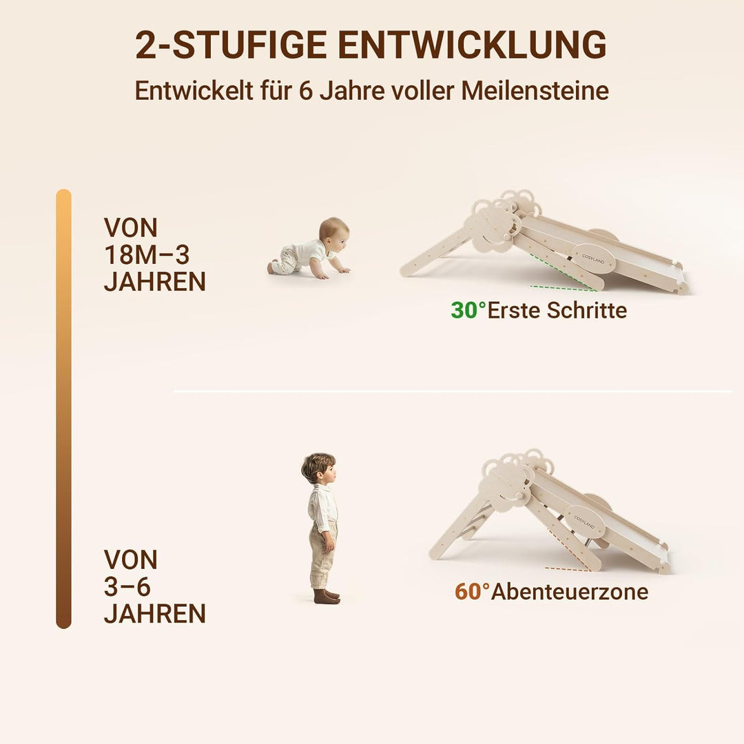 COSYLAND Klettergerüst Indoor L – Grosses Kletterdreieck Set mit Kletterbogen & Rutsche – 8-in-1 Mas