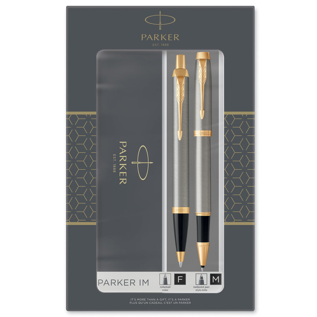 Parker IM Duo-Geschenkset mit Kugelschreiber & Tintenroller | Brushed Metal mit Goldzierteilen | Nac