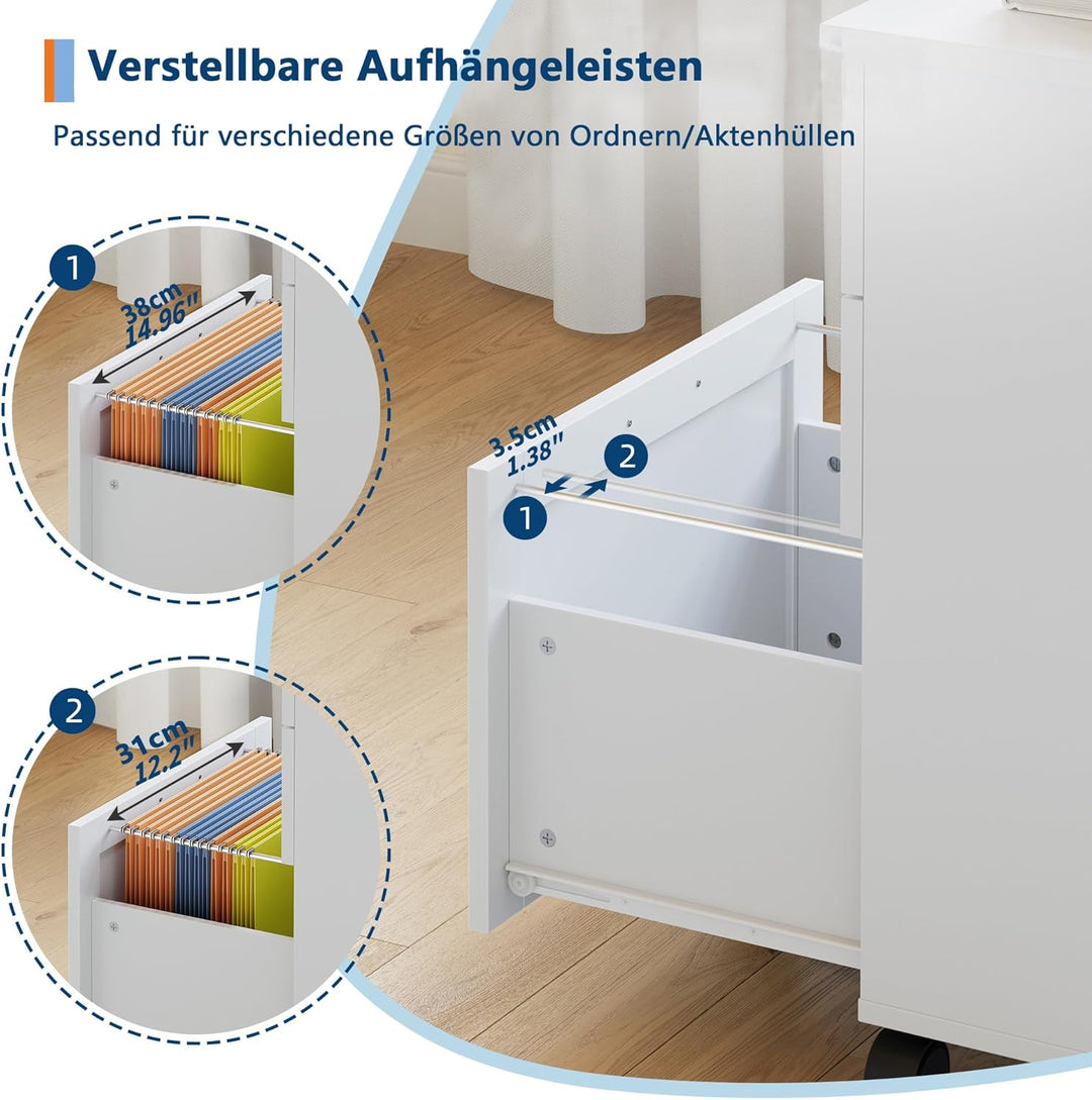 Litake Rollcontainer Abschliessbare mit 3 Schubladen,Mobiler Aktenschrank Büroschrank mit Rollen,Unt