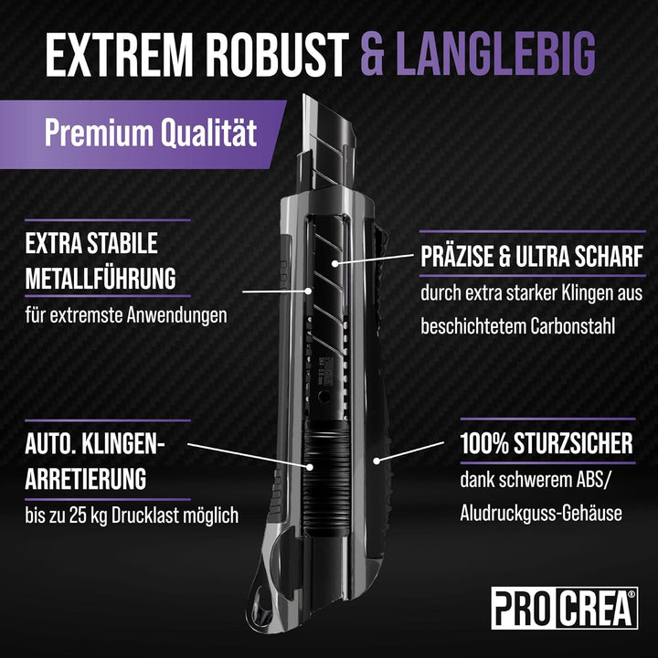 PROCREA® Premium 3er Cuttermesser & Klingen Set "Black Edition" [Extrem Robust & Ultrascharf] Das 18