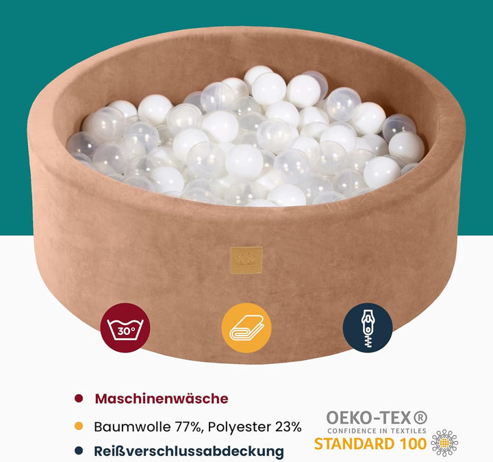 MEOWBABY Bällebad Baby - Rund 90x40cm Ballgruben für Kinder mit 300 Bälle, Samt, Beige: Pastellrosa/