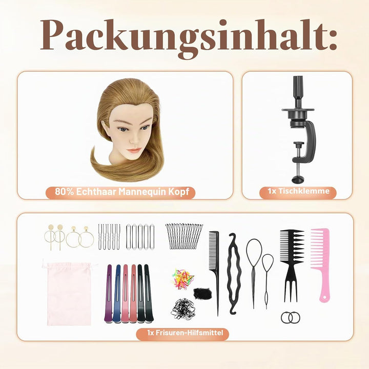 Yofuly 24Zoll / 61cm Frisierkopf mit Ohrlöchern, 80% Echthaar Übungskopf, Frisieren Trainingsköpfe P
