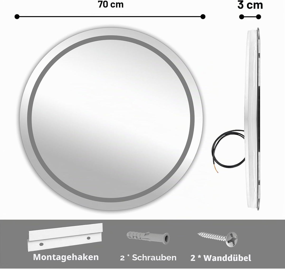 Badezimmerspiegel mit Beleuchtung, 70cm Runder Spiegel mit Beleuchtung, Wandspiegel mit Frontbeleuch