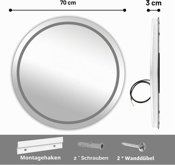 Badezimmerspiegel mit Beleuchtung, 70cm Runder Spiegel mit Beleuchtung, Wandspiegel mit Frontbeleuch