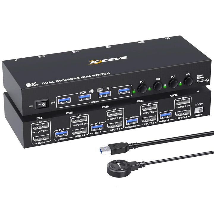DP KVM Switch 4 Computer 2 Monitore, KCEVE USB 3.0 Displayport KVM-Umschalter für zwei Monitore, unt