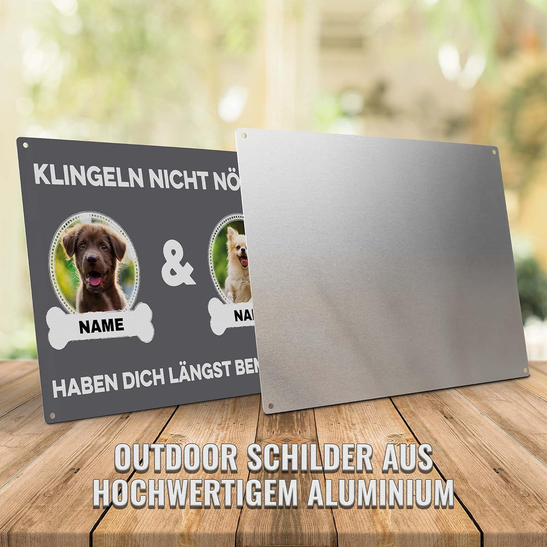 Hunde Schild personalisiert - Klingeln nicht nötig - Metallschild mit Foto und Name für aussen, wett