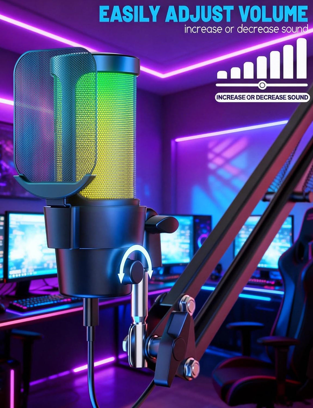 Gaming Mikrofon mit Arm Plug & Play USB Kondensator Mikrofon mit RGB Licht, Mute-Taste, Pop-Filter &