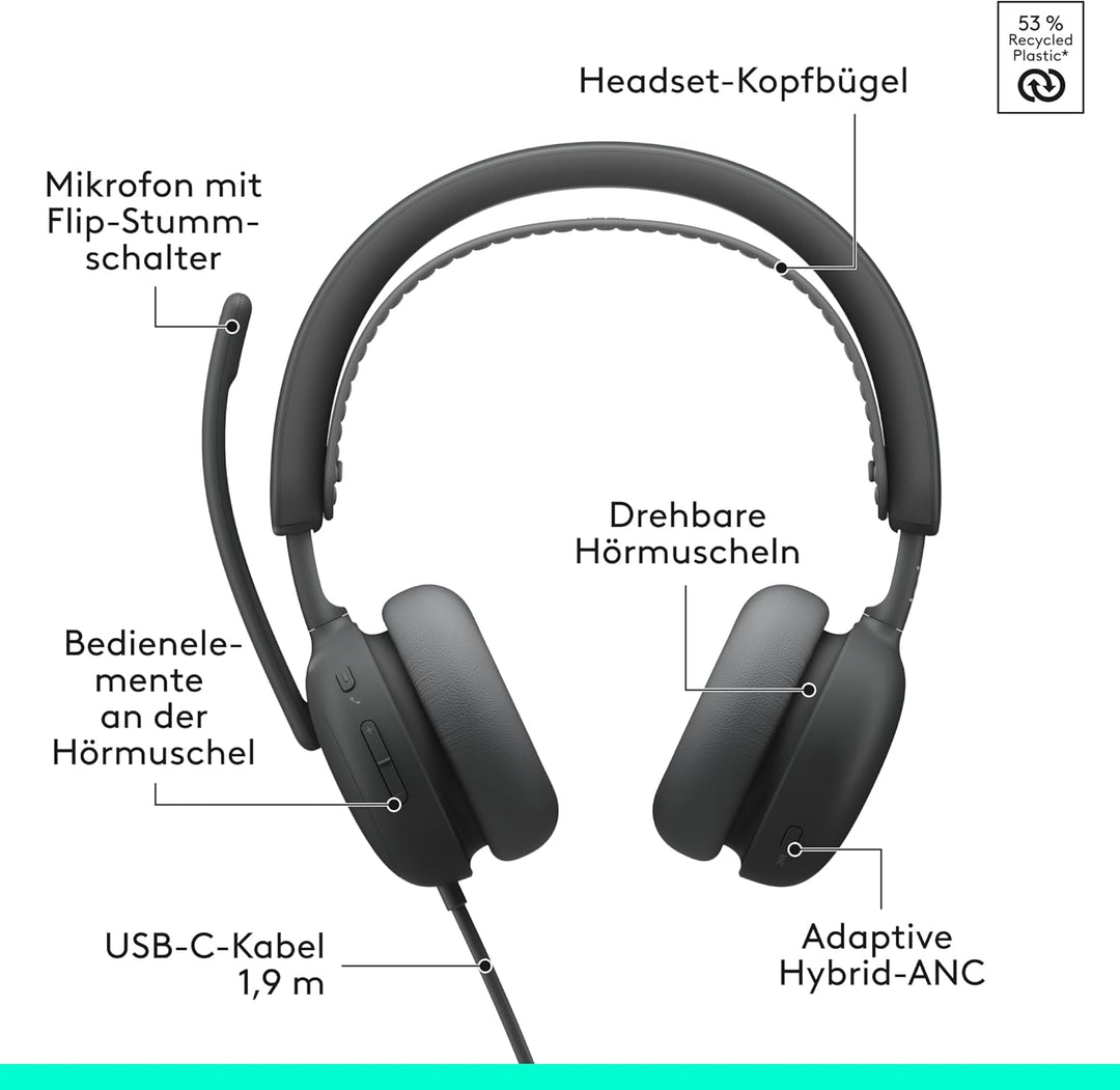 Logitech Zone Wired 2 – Headset mit Geräuschunterdrückung und Adaptive Hybrid-ANC, USB-C mit USB-A-A