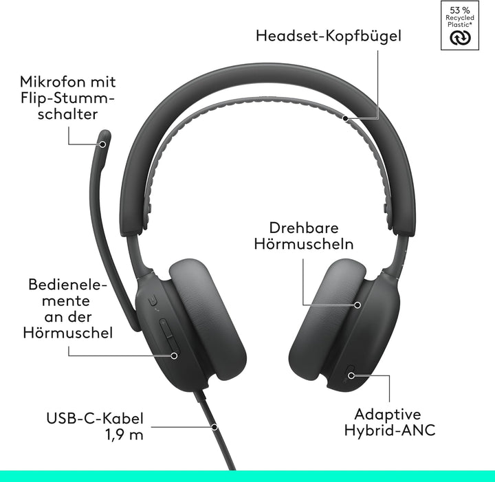 Logitech Zone Wired 2 – Headset mit Geräuschunterdrückung und Adaptive Hybrid-ANC, USB-C mit USB-A-A