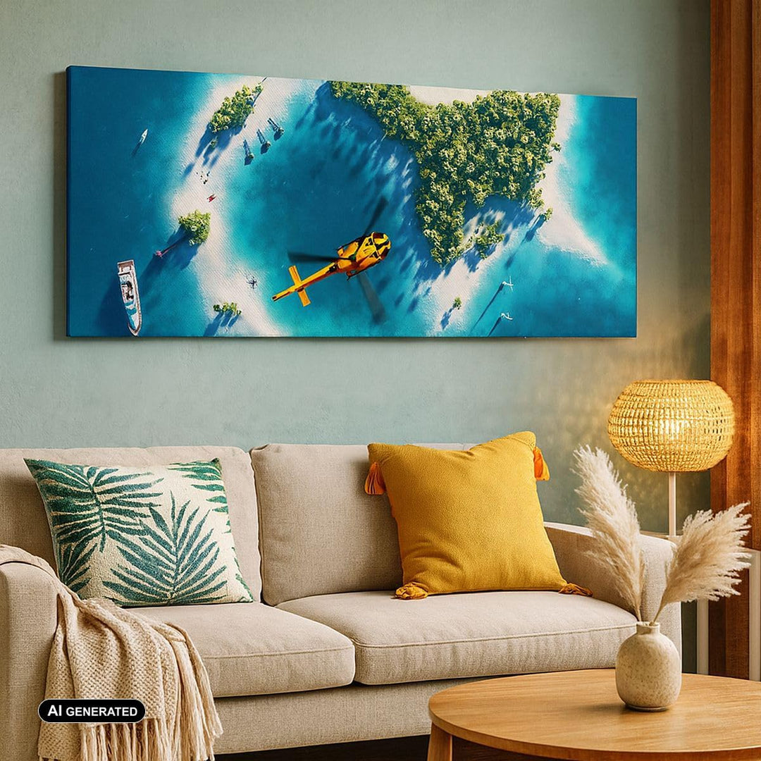 ARTTOR Bilder auf Leinwand 100x40cm Leinwandbild Hubschrauber Ozean Insel Paradies Gross Wanddeko Bi