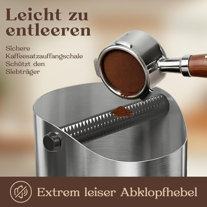 Abklopfbehälter für Siebträger aus Edelstahl, 1,6 L Professionelle Espresso Knock Box mit abnehmbare