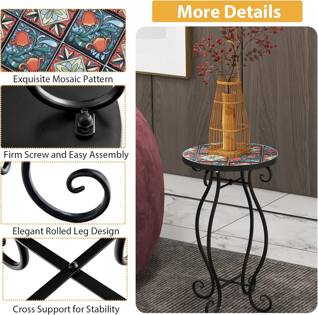 HOMASIS 30x30x50cm Gartentisch Beistelltisch mit Mosaik-Muster, Pflanzenständer mit runder Tischplat