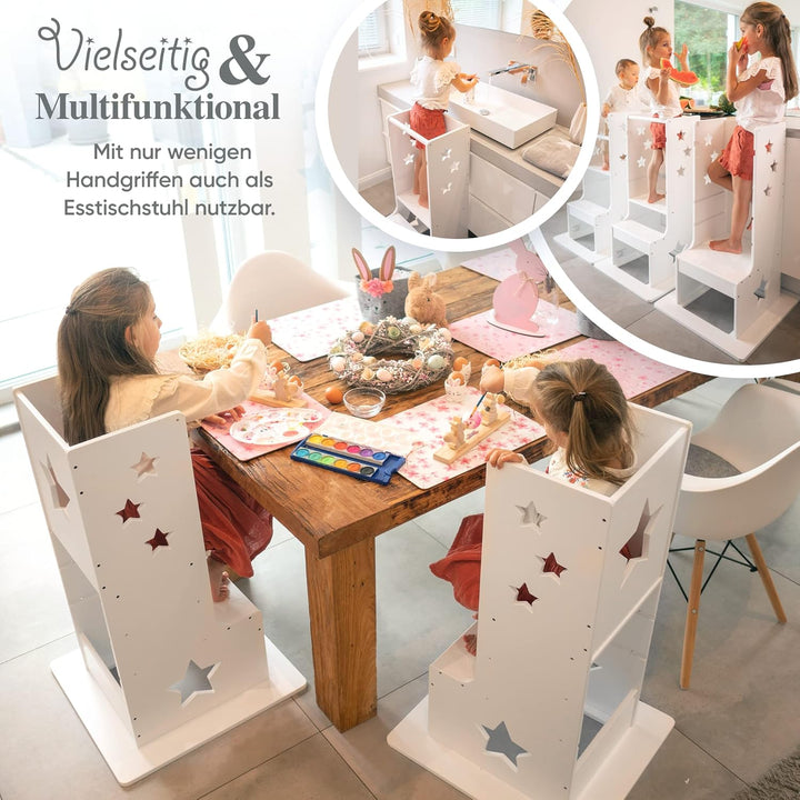 Kids Woody Star® Lernturm ab 1 Jahr [360° KIPPSCHUTZ] Höhenverstellbar Learning Tower Lernturm Monte