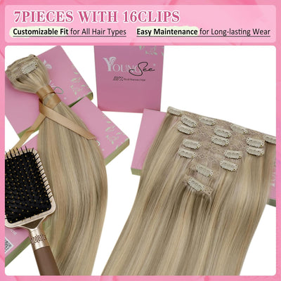 YoungSee Echthaar Extensions Clip Blond 50 cm Goldblond Strahnchen Mittelblond Clip in Extensions Ec