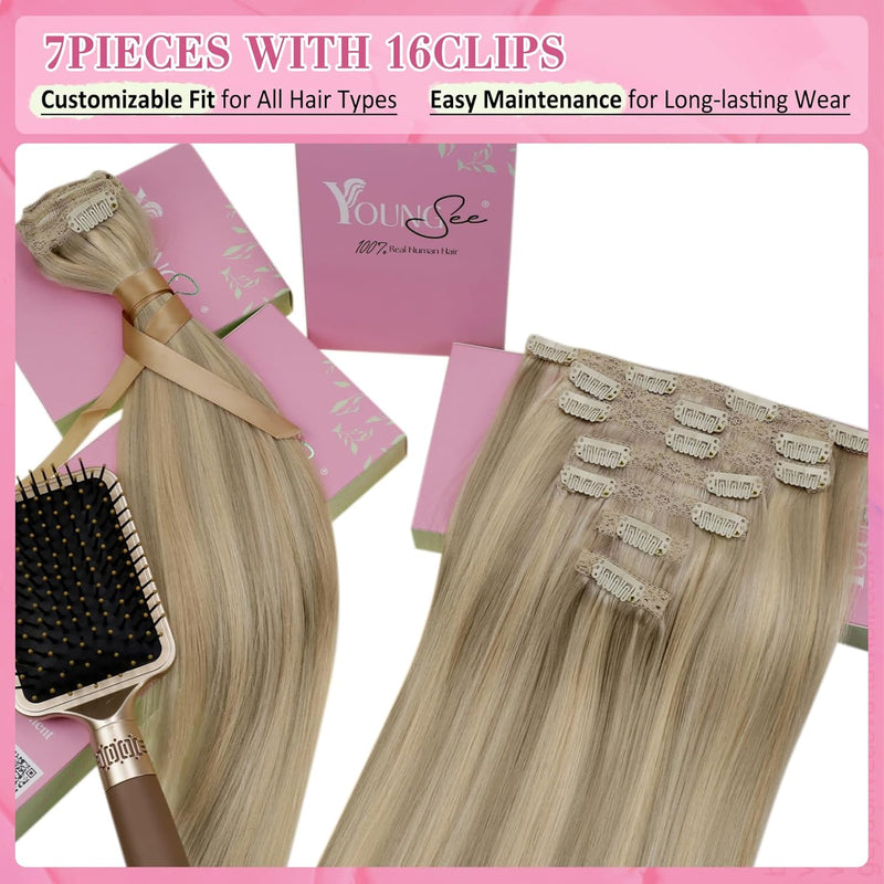 YoungSee Echthaar Extensions Clip Blond 50 cm Goldblond Strahnchen Mittelblond Clip in Extensions Ec