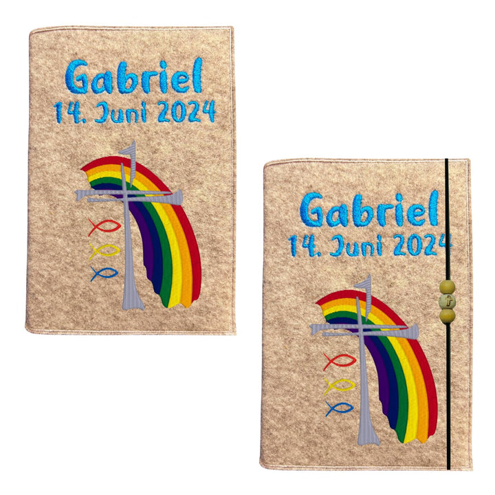 Gotteslobhülle aus Filz, Motiv "Kreuz mit Regenbogen", verschiedene Filzfarben, personalisiert mit N