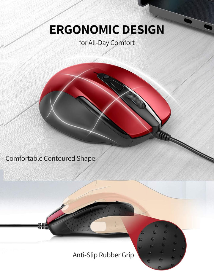 TECKNET Maus mit Kabel, Computermaus mit 6 Tasten, 6400 DPI, Ergonomisches Optical Business Kabelgeb