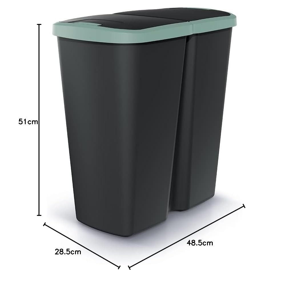 HRB DUO Bin Mülleimer 2 Fächer Schwarz/Grün, idealer Mülleimer Küche mit 2x 25L Mülleimer Trennsyste