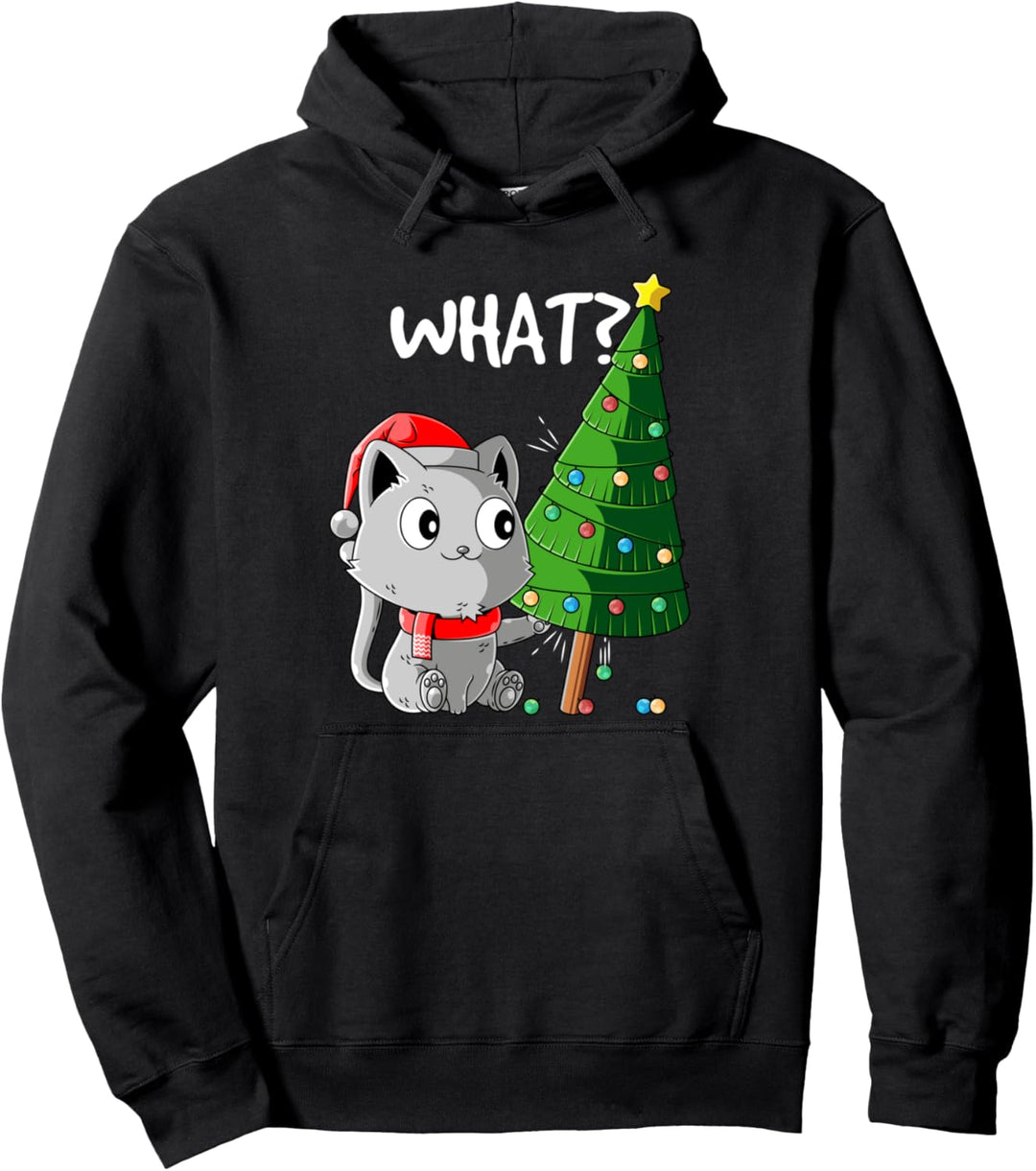 Funny Cat Pushing Christmas Tree Over Cat What Christmas Cat Pullover Hoodie