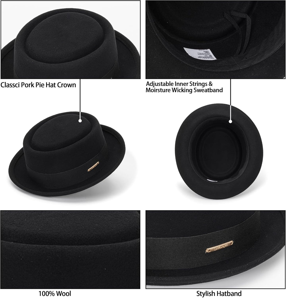 Pork Pie Hut für Herren, Wolle, flache Oberseite, Fedora-Hut, Unisex, Porkpie-Hüte (S/M) M Schwarz,