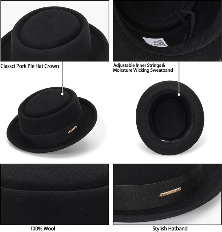 Pork Pie Hut für Herren, Wolle, flache Oberseite, Fedora-Hut, Unisex, Porkpie-Hüte (S/M) M Schwarz,