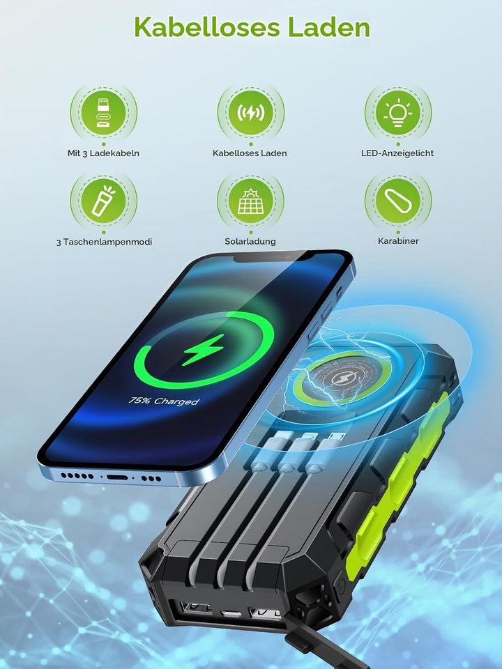 52800mAh Power Bank Solar Powerbank PD 30W Kabellose Tragbares Schnellladegerät mit 3 Kabel,7 Ausgän