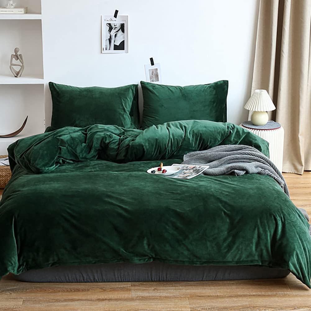 Omela Warm Fleece Winter Bettwäsche 135x200 Dunkelgrün Cashmere Touch Plüsch Bettbezug mit Kopfkisse