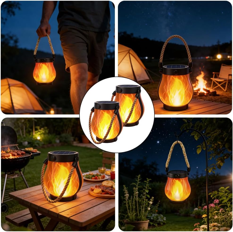 2pcs Solarlaternen Für Draussen, Solar Laterne Tanzende Flammen LED Tragbares Rund Stehend, Solarlat
