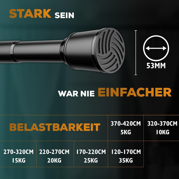 Duschvorhangstange ohne Bohren 170-220cm, Schwarz, Ø 32 mm, Teleskop Gardinenstange Klemmen - Vorhan