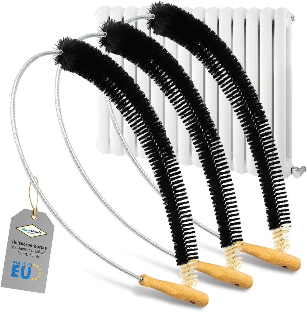 MaxxGoods Heizkörperbürsten - 3 Stück - 120 cm - Heizungsbürste mit Ziegenhaar Borsten - Ideal für d