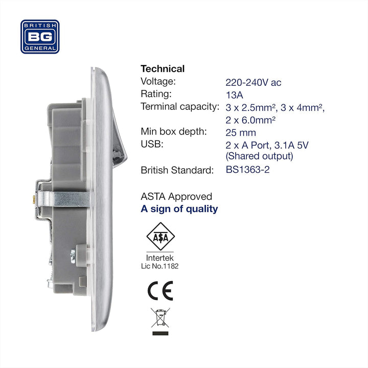 BG Electrical NBS22U3W Nexus Metall, gebürsteter Stahl, doppelt geschaltete 13A-Steckdose mit USB-Au