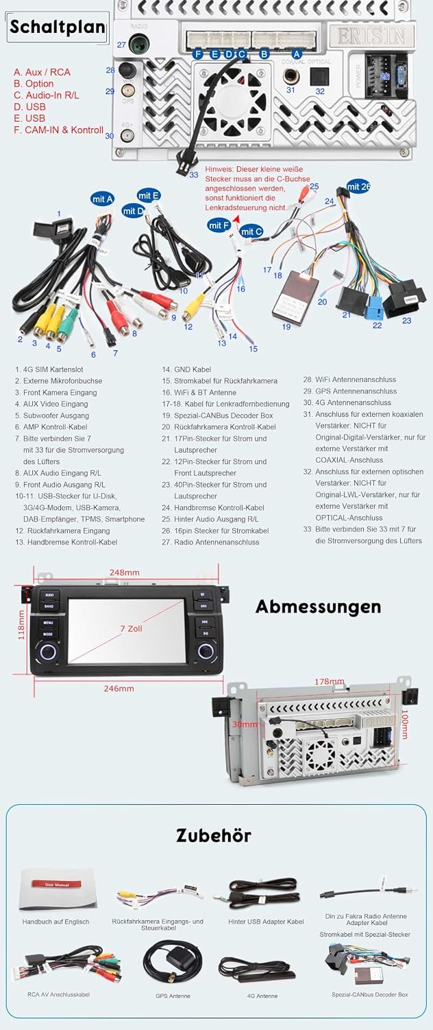 Erisin Android 14 4GB+64GB 8-Kern Autoradio Bluetooth GPS Navigation für BMW 3er M3 E46 318 320 Rove