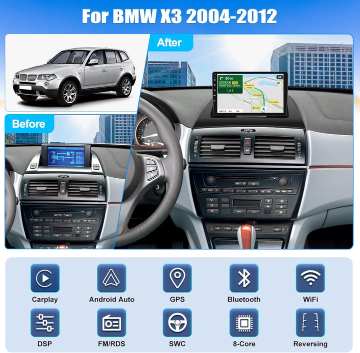 CAMECHO 4+64G Android 15 Qualcomm 8-Kern Navi Autoradio für BMW X3 E83 2004-2010 mit Rückfahrkamera