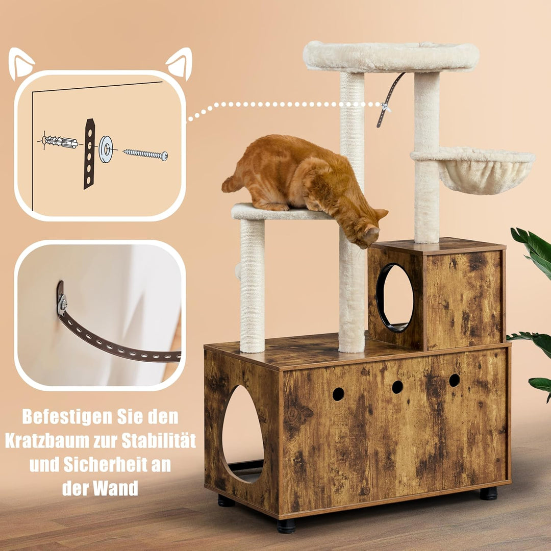 Yaheetech Katzenbaum mit Katzenklo Schrank, 134,5 cm hoch, All-in-One Kratzbaum mit Höhle Plattform