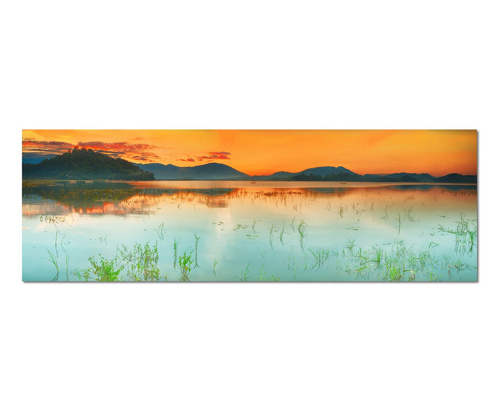 Paul Sinus Art Panoramabild auf Leinwand und Keilrahmen 150x50cm See Berge Sonnenaufgang Landschaft