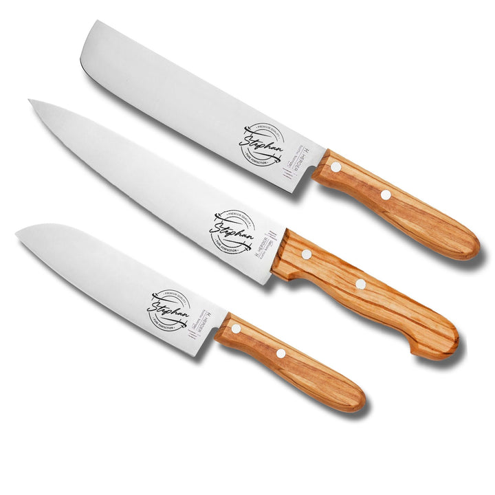 personalisiertes Premium Messer-Set von H. Herder mit Gravur – 4-teilig (Santoku, Nakiri, Koch- & Br