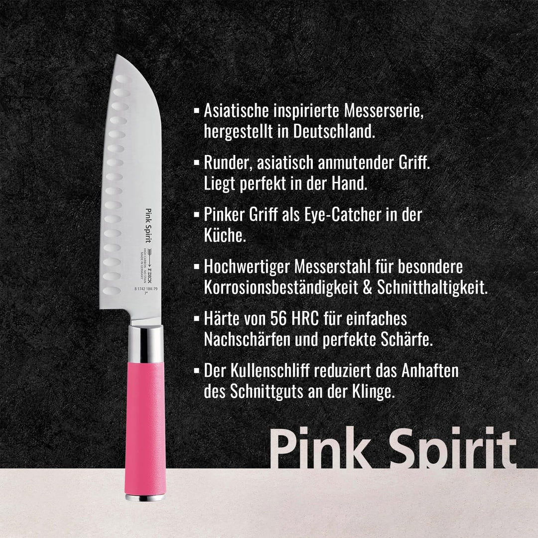 F. DICK Pink Spirit Santoku Messer (Klingenlänge 18 cm, Küchenmesser mit Kullenschliff, aus hochlegi