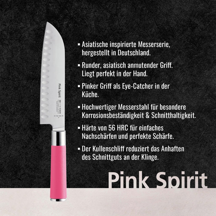 F. DICK Pink Spirit Santoku Messer (Klingenlänge 18 cm, Küchenmesser mit Kullenschliff, aus hochlegi