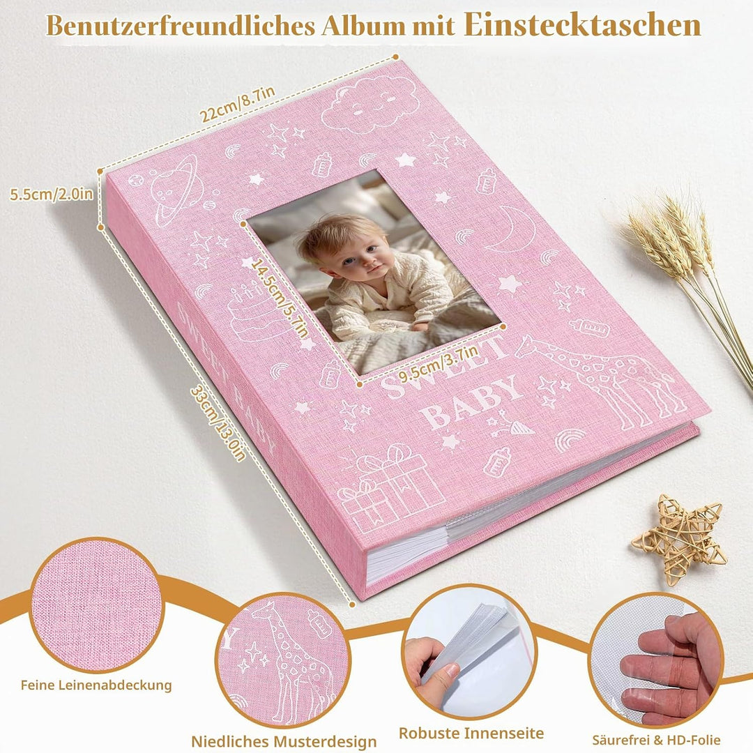 Baby-Fotoalbum 10x15 300 Taschen, Leinen-Hardcover Einsteckalbum mit Frontfenster, Memo-Bereich, Han