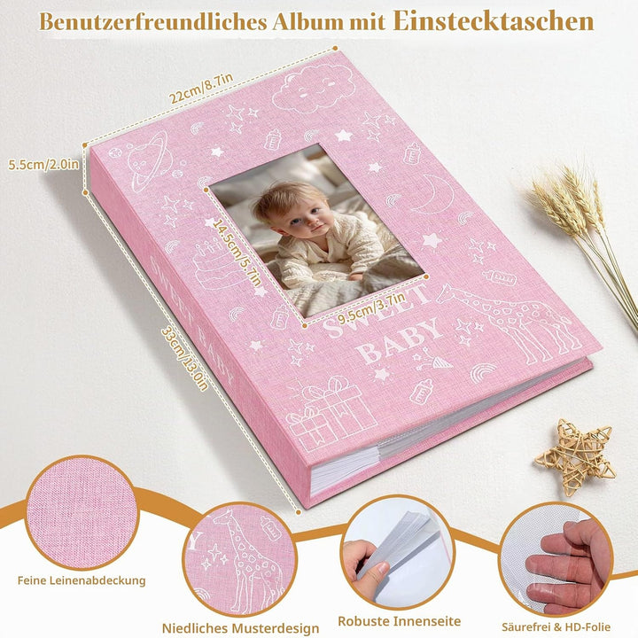 Baby-Fotoalbum 10x15 300 Taschen, Leinen-Hardcover Einsteckalbum mit Frontfenster, Memo-Bereich, Han