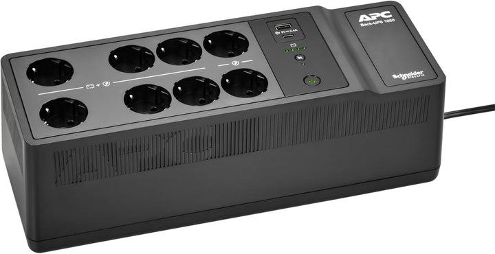 APC UPS für Zuhause, 1050VA UPS Batterie-Backup mit AVR, 8X Schuko CEE 7/3 Steckdosen, (2) USB-Ladea